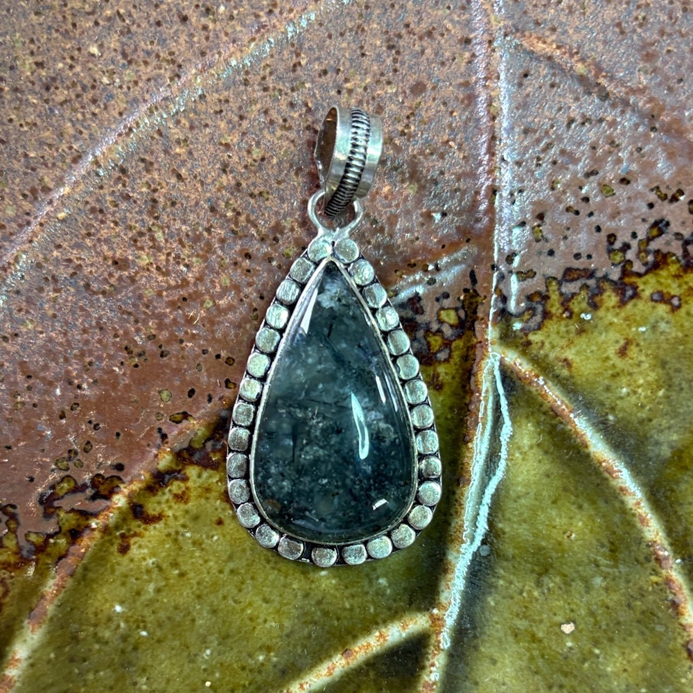 Sterling Silver Moss Agate Green Teardrop Stone Pendant